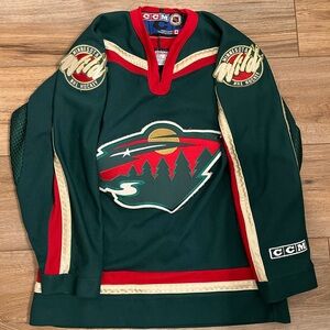 Vintage Youth MN Wild CCM Green and Red Hockey Jersey with Gold Accents